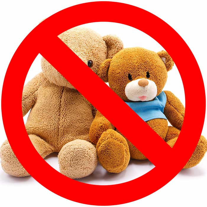 Stuffed animals with a red "no" symbol